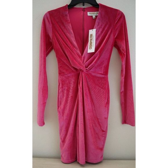 Cosmo Dress the Population Women's Sz S Fuchsia Aidan Twist Plunge Velvet Dress - Picture 1 of 10